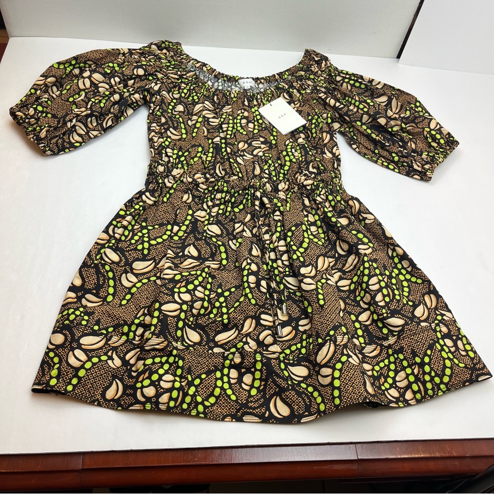 A.L.C. Maya Printed Mini Puffed-Sleeve Dress Womens Size 10 Brown Pockets‎ NEW - Picture 2 of 15